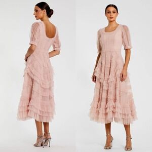 Mac Duggal Pink Short Sleeve Micro Ruffle Midi Dress